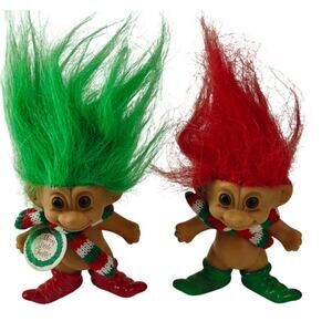 Vintage 90s Merry Little Trolls Christmas Elf by Russ Troll doll Wearing Scarf
